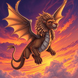 A highly detailed illustration of a fantastical creature, combining elements of a dragon and a lion, featuring a majestic mane and powerful wings, soaring through a dramatic sunset sky with vibrant orange and purple hues, surrounded by wispy clouds