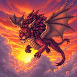 A highly detailed illustration of a fantastical creature, combining elements of a dragon and a lion, featuring a majestic mane and powerful wings, soaring through a dramatic sunset sky with vibrant orange and purple hues, surrounded by wispy clouds