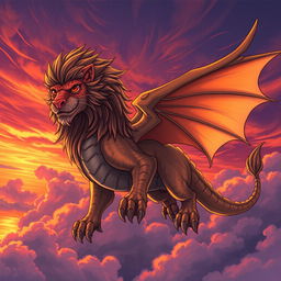 A highly detailed illustration of a fantastical creature, combining elements of a dragon and a lion, featuring a majestic mane and powerful wings, soaring through a dramatic sunset sky with vibrant orange and purple hues, surrounded by wispy clouds