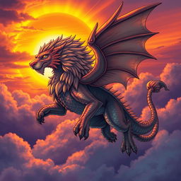 A highly detailed illustration of a fantastical creature, combining elements of a dragon and a lion, featuring a majestic mane and powerful wings, soaring through a dramatic sunset sky with vibrant orange and purple hues, surrounded by wispy clouds