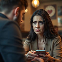 An attractive 40-year-old woman looking at her boyfriend with a mixture of suspicion and sadness, while he is distracted and not paying attention to her