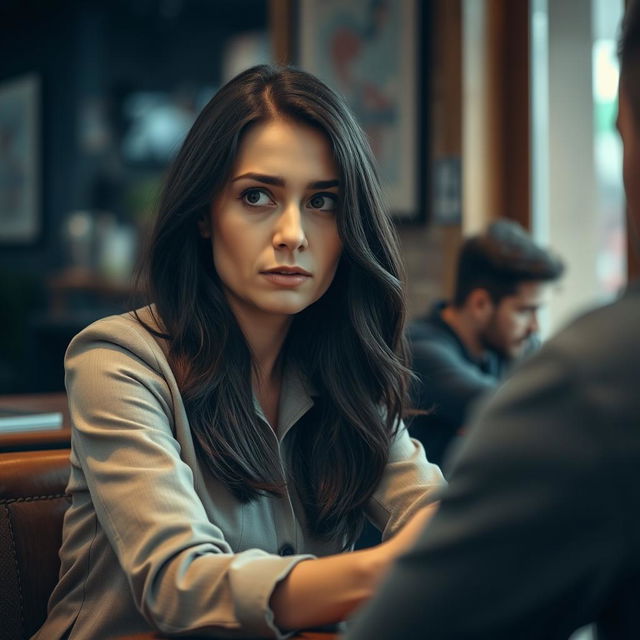 An attractive 40-year-old woman looking at her boyfriend with a mixture of suspicion and sadness, while he is distracted and not paying attention to her