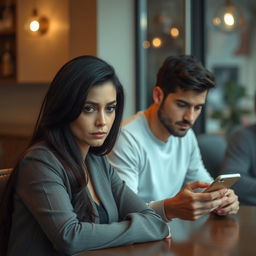 An attractive 40-year-old woman looking at her boyfriend with a mixture of suspicion and sadness, while he is distracted and not paying attention to her