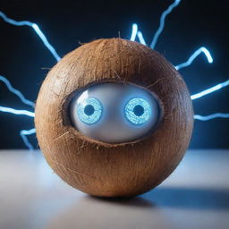 A Coconut as an AI entity, with bright digital eyes and futuristic circuitry patterns coursing like lightning across its shell. Set within an energized cybernetic environment.