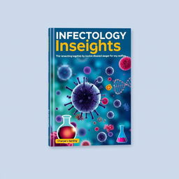 Book cover design focused on infectious diseases, featuring a striking and visually appealing illustration of a microscopic view of various pathogens such as viruses and bacteria