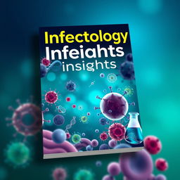 Book cover design focused on infectious diseases, featuring a striking and visually appealing illustration of a microscopic view of various pathogens such as viruses and bacteria