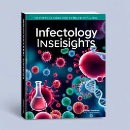 Book cover design focused on infectious diseases, featuring a striking and visually appealing illustration of a microscopic view of various pathogens such as viruses and bacteria