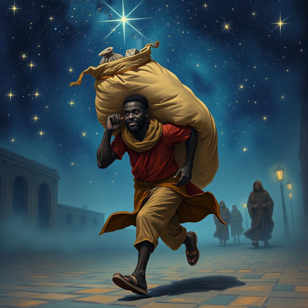 A street vendor, a black man, running in Spain with a large loot-filled sack over his shoulder