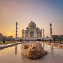 An unusual sight of the Taj Mahal under a beautiful sunset, with a whimsical twist of a giant cat comfortably napping on the iconic dome