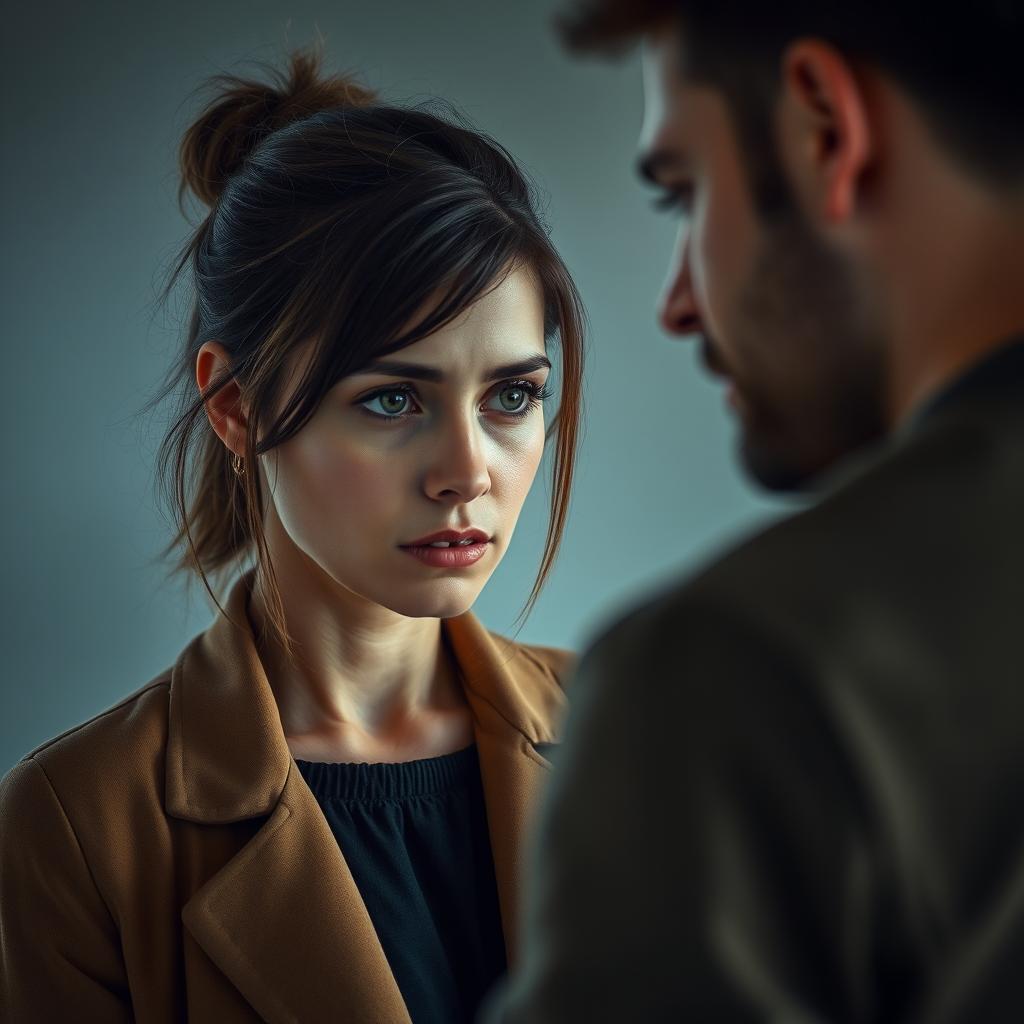 A 40-year-old attractive woman in a modern outfit, with a natural look, gazing at her boyfriend with suspicion while he appears dismissive and unconcerned