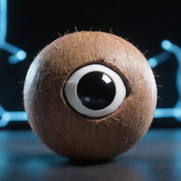 A Coconut as an AI entity, with bright digital eyes and futuristic circuitry patterns coursing like lightning across its shell. Set within an energized cybernetic environment.