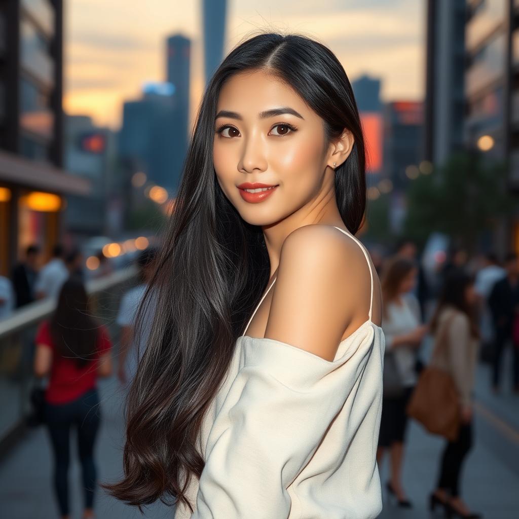 Portrait of a beautiful Korean woman with long, flowing black hair and delicate features