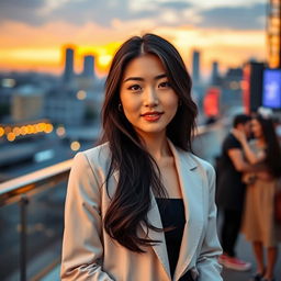 Portrait of a beautiful Korean woman with long, flowing black hair and delicate features