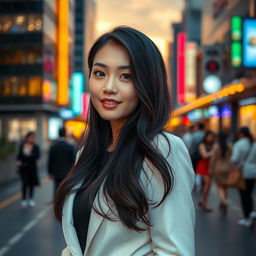 Portrait of a beautiful Korean woman with long, flowing black hair and delicate features