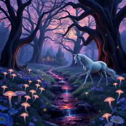 An enchanting forest scene during twilight, with magical glowing mushrooms scattered throughout the forest floor, vibrant flowers in shades of blue and lavender, and large, ancient trees with thick trunks and sprawling branches