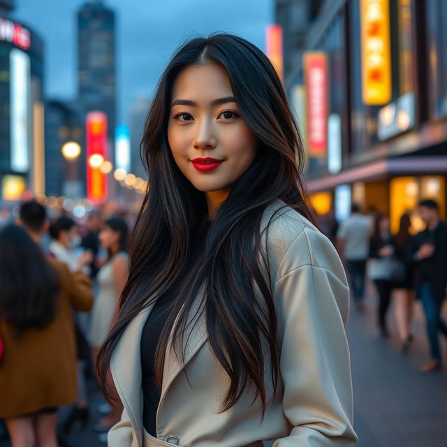 Portrait of a beautiful Korean woman with long, flowing black hair and delicate features