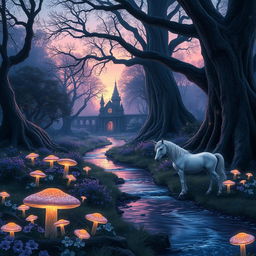 An enchanting forest scene during twilight, with magical glowing mushrooms scattered throughout the forest floor, vibrant flowers in shades of blue and lavender, and large, ancient trees with thick trunks and sprawling branches