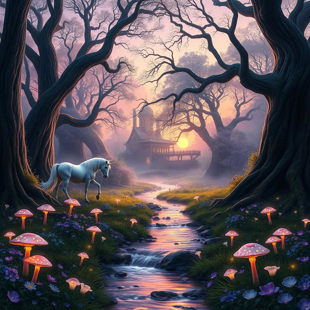 An enchanting forest scene during twilight, with magical glowing mushrooms scattered throughout the forest floor, vibrant flowers in shades of blue and lavender, and large, ancient trees with thick trunks and sprawling branches