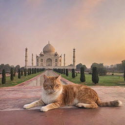 An unusual sight of the Taj Mahal under a beautiful sunset, with a whimsical twist of a giant cat comfortably napping on the iconic dome