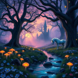 An enchanting forest scene during twilight, with magical glowing mushrooms scattered throughout the forest floor, vibrant flowers in shades of blue and lavender, and large, ancient trees with thick trunks and sprawling branches