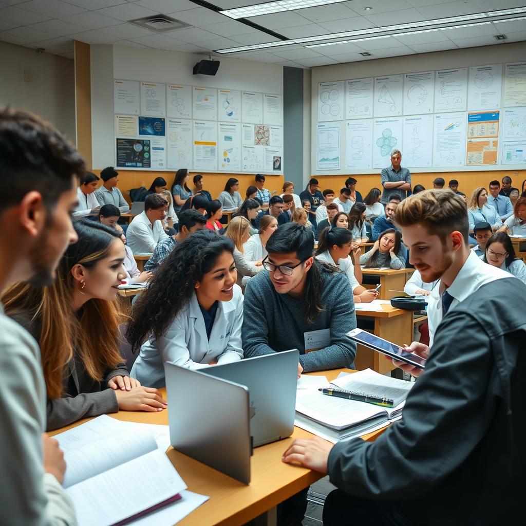 An academic environment where scientific research is being conducted, featuring students and professors engaged in various research activities