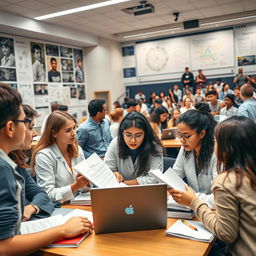 An academic environment where scientific research is being conducted, featuring students and professors engaged in various research activities