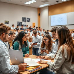 An academic environment where scientific research is being conducted, featuring students and professors engaged in various research activities