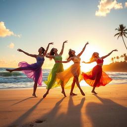 A vibrant scene depicting four dancers gracefully performing on a beautiful beach at sunset