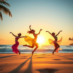 A vibrant scene depicting four dancers gracefully performing on a beautiful beach at sunset