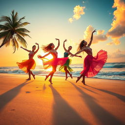 A vibrant scene depicting four dancers gracefully performing on a beautiful beach at sunset