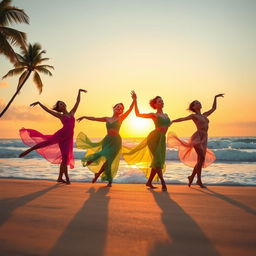 A vibrant scene depicting four dancers gracefully performing on a beautiful beach at sunset