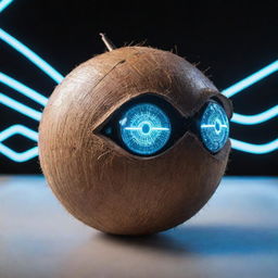 A Coconut as an AI entity, with bright digital eyes and futuristic circuitry patterns coursing like lightning across its shell. Set within an energized cybernetic environment.