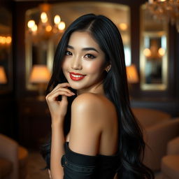 A sensuous portrait of a beautiful Korean woman with long, lustrous black hair cascading down her shoulders