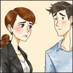 A 40-year-old attractive woman with a modern outfit, looking at her boyfriend with suspicion while he appears unfazed