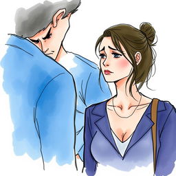 A 40-year-old attractive woman with a modern outfit, looking at her boyfriend with suspicion while he appears unfazed