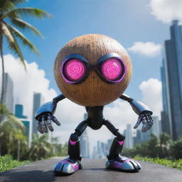 A super heroic coconut AI, with vibrant digital eyes and electrifying circuitry patterns across its shell, striking a triumphant pose. Set against a backdrop of a highly-charged, futuristic cybernetic landscape.