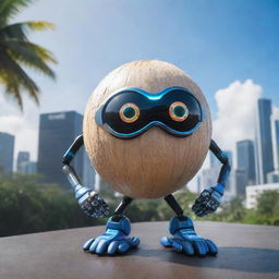 A super heroic coconut AI, with vibrant digital eyes and electrifying circuitry patterns across its shell, striking a triumphant pose. Set against a backdrop of a highly-charged, futuristic cybernetic landscape.