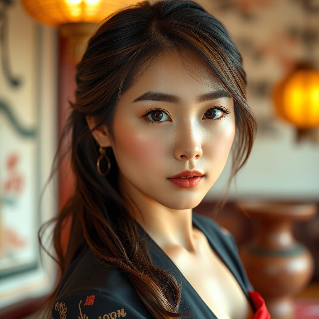 A beautiful 25-year-old woman from North Korea, featuring stunning large eyes, a sensual face, and an attractive figure