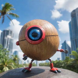 A super heroic coconut AI, with vibrant digital eyes and electrifying circuitry patterns across its shell, striking a triumphant pose. Set against a backdrop of a highly-charged, futuristic cybernetic landscape.