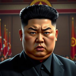 A realistic depiction of Kim Jong Un with an angry expression, showcasing his signature hairstyle and distinctive features