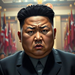 A realistic depiction of Kim Jong Un with an angry expression, showcasing his signature hairstyle and distinctive features