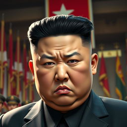 A realistic depiction of Kim Jong Un with an angry expression, showcasing his signature hairstyle and distinctive features