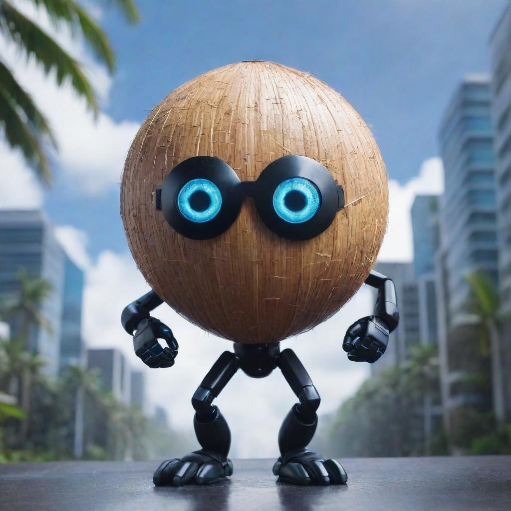 A super heroic coconut AI, with vibrant digital eyes and electrifying circuitry patterns across its shell, striking a triumphant pose. Set against a backdrop of a highly-charged, futuristic cybernetic landscape.