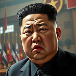 A realistic depiction of Kim Jong Un with an angry expression, showcasing his signature hairstyle and distinctive features