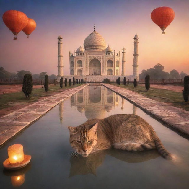 A fantastic rendition of the Taj Mahal bathed in a beautiful sunset, with a giant cat sleeping atop the dome and ethereal floating lanterns punctuating the sky