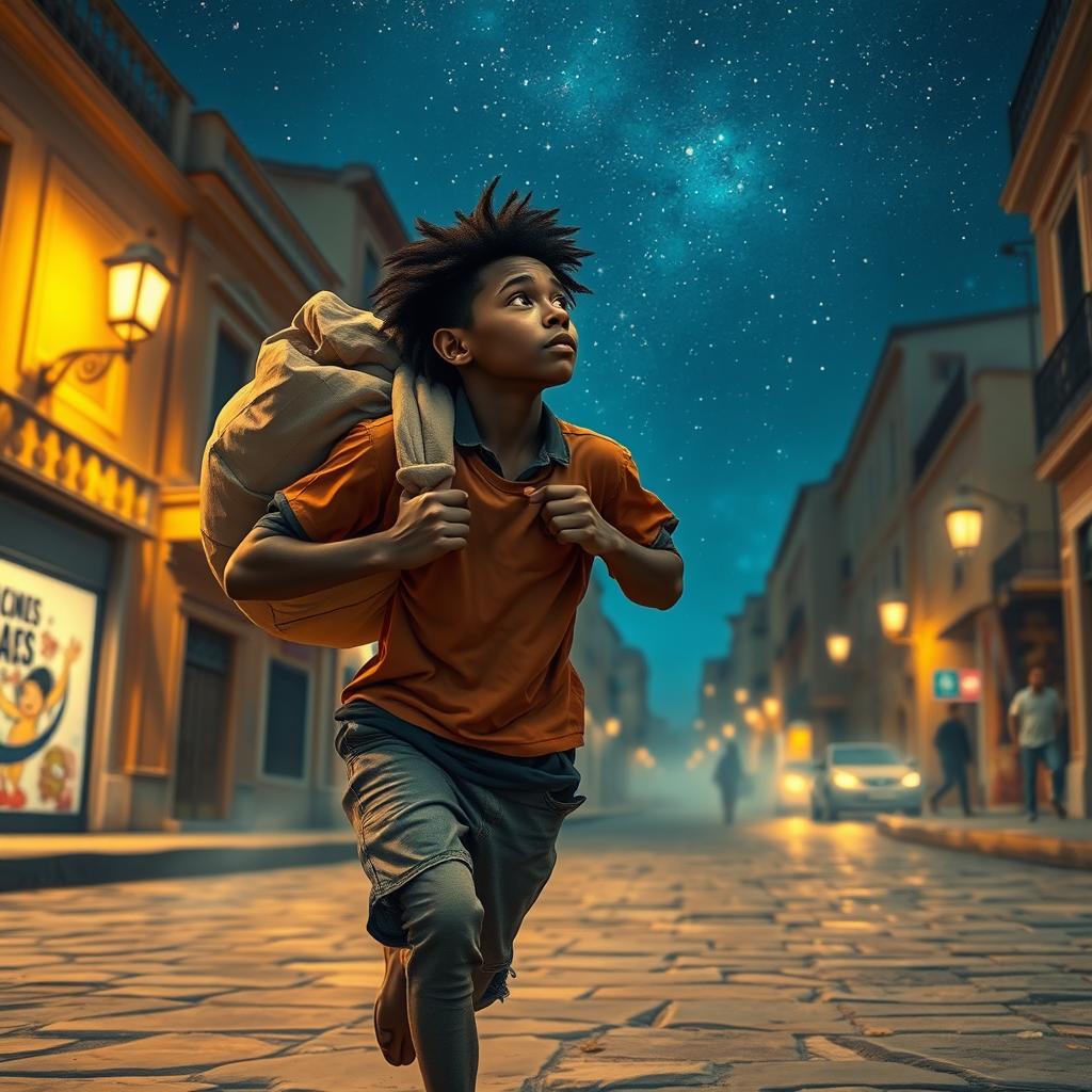 A young black street vendor in Spain, running with a bag of loot slung over his shoulder, with a thoughtful expression as he gazes at the starry sky