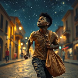 A young black street vendor in Spain, running with a bag of loot slung over his shoulder, with a thoughtful expression as he gazes at the starry sky