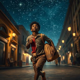 A young black street vendor in Spain, running with a bag of loot slung over his shoulder, with a thoughtful expression as he gazes at the starry sky