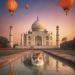 A fantastic rendition of the Taj Mahal bathed in a beautiful sunset, with a giant cat sleeping atop the dome and ethereal floating lanterns punctuating the sky