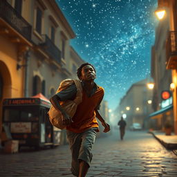 A young black street vendor in Spain, running with a bag of loot slung over his shoulder, with a thoughtful expression as he gazes at the starry sky